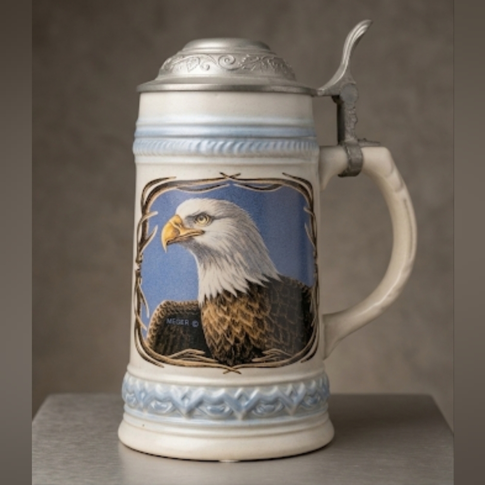 Vintage James Meger Bald Eagle Lidded Beer Stein - Pewter Lid & Wildlife Art